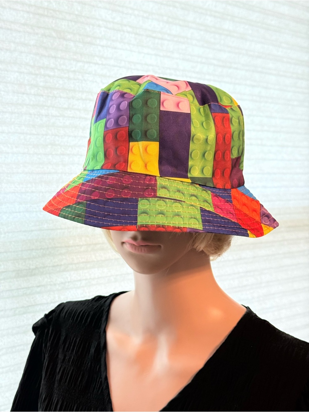 Adults Multicolor Block Pattern Bucket Hat - Vibrant Patchwork With Lego-Fun Hat